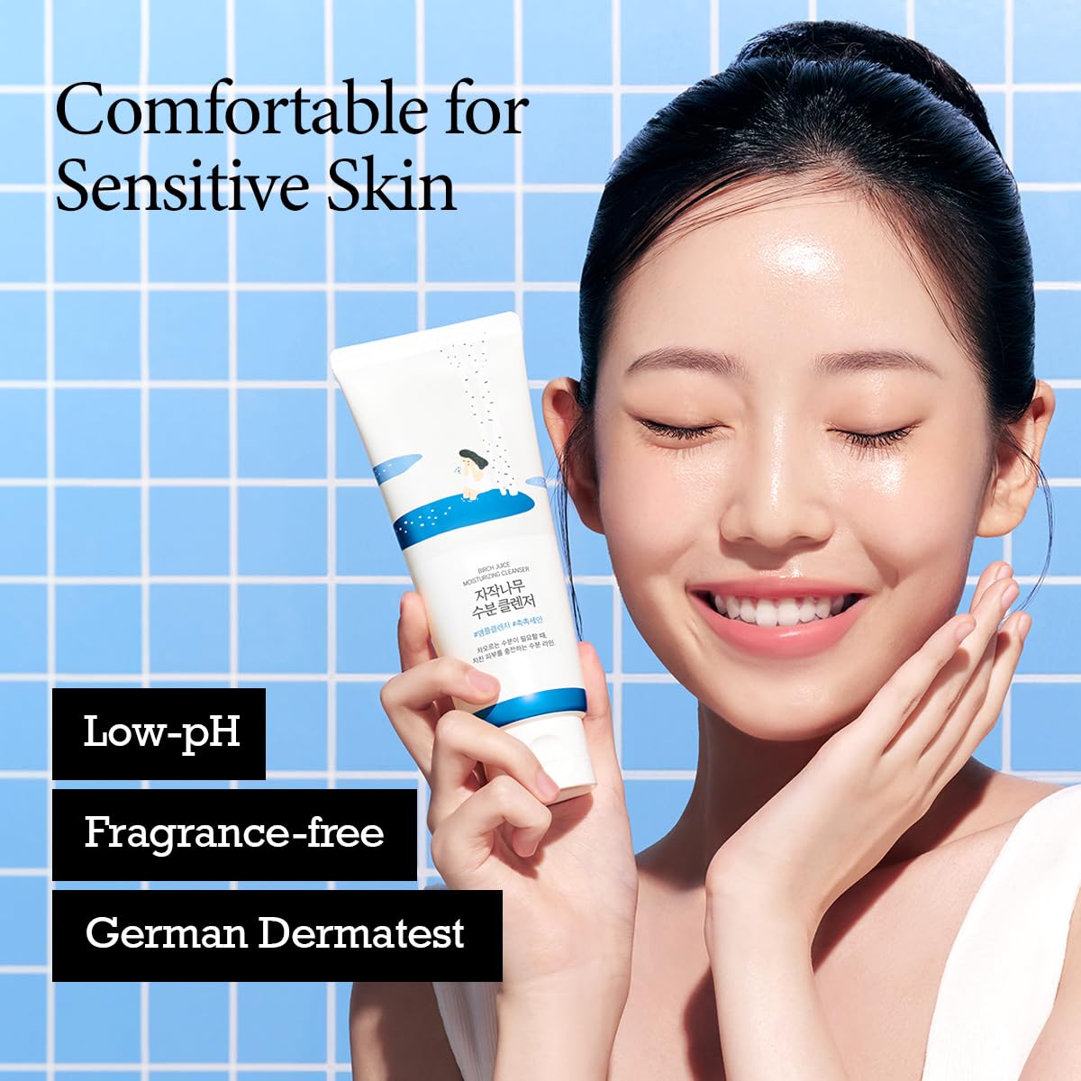 ROUND LAB cleanser in hand application showing gentle spread and comfortable feel benefit