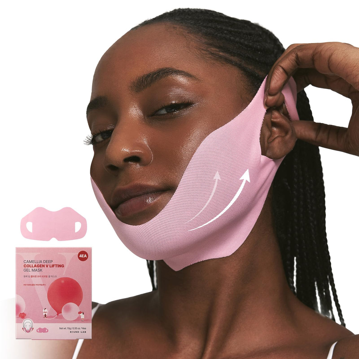 ROUND LAB front packaging showing four V-lifting hydrogel masks and benefits