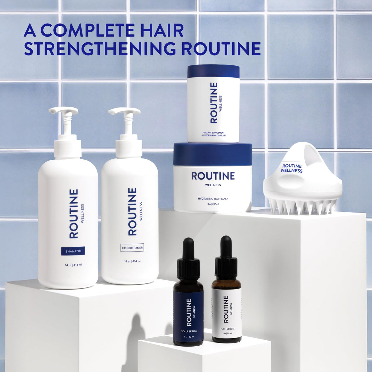 Routine Wellness set placed on a bathroom shelf suggesting daily routine uplift