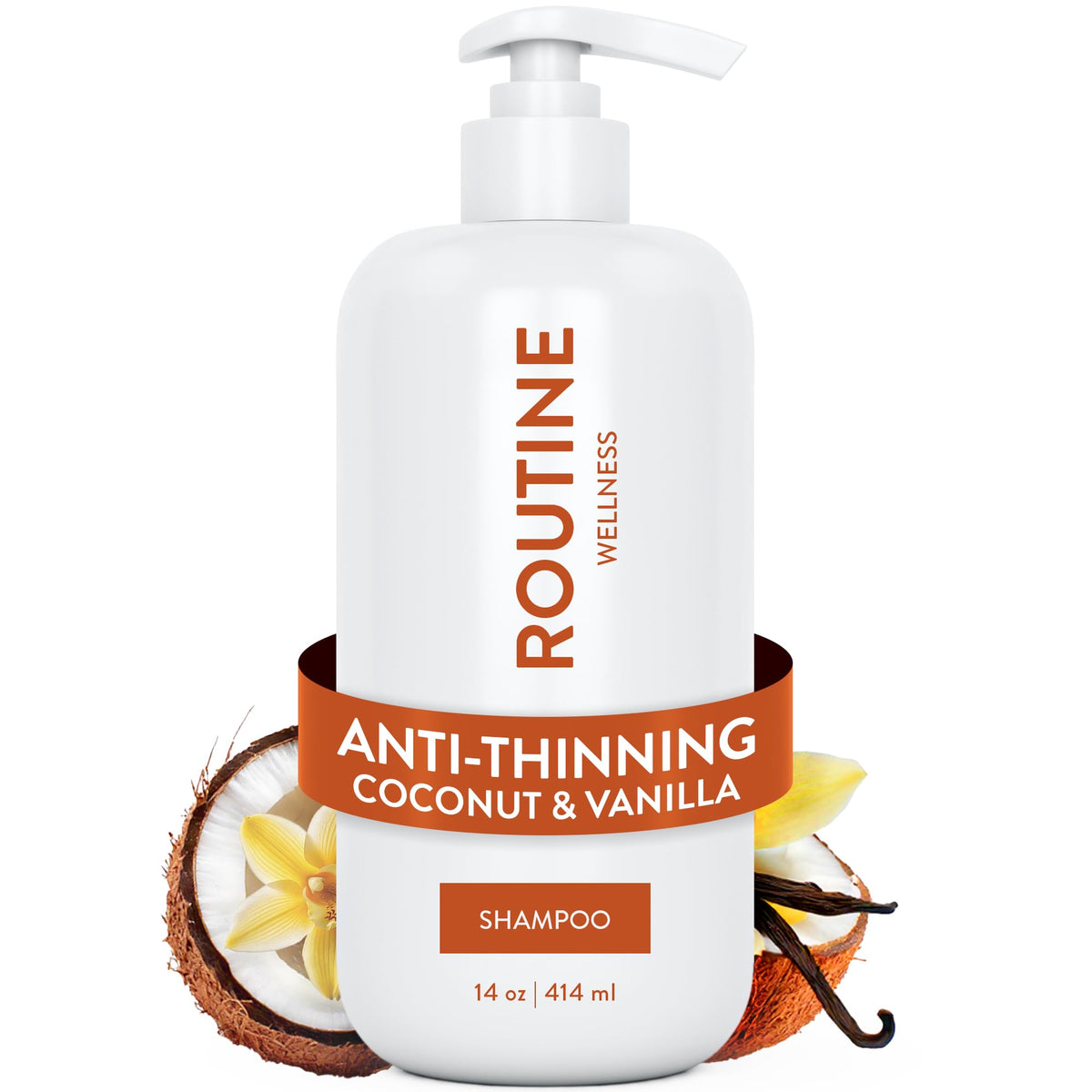 Routine Wellness front bottle showing coconut vanilla scent and volumizing benefits