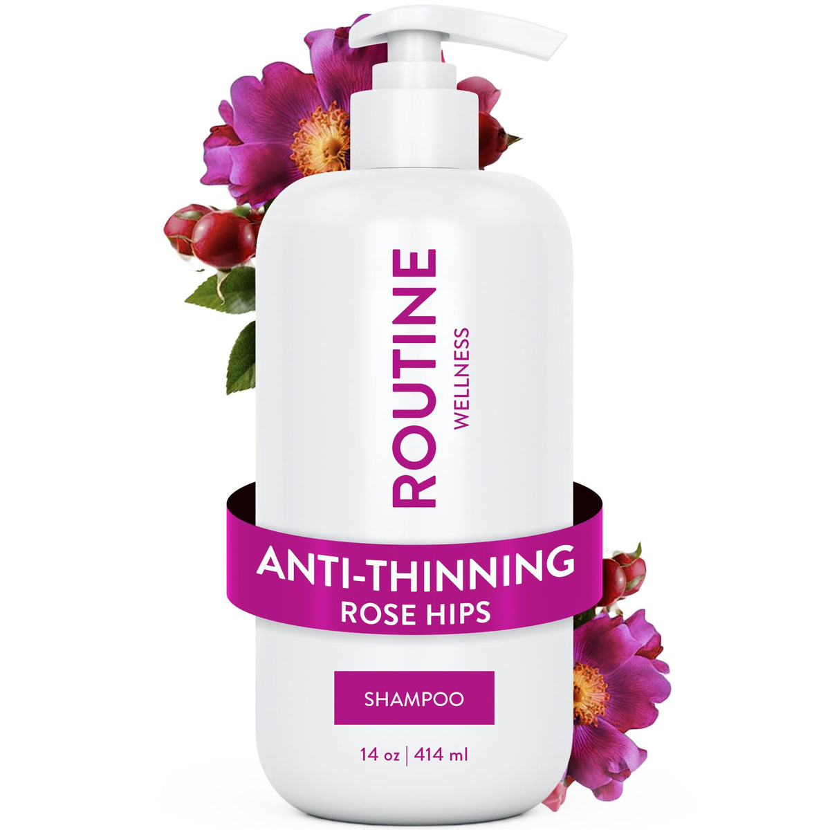 Routine Wellness front bottle of shampoo showing rose hips scent and fuller hair benefit