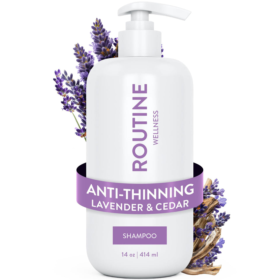 Routine Wellness front packaging showing 14 oz bottle and lavender cedar scent benefit