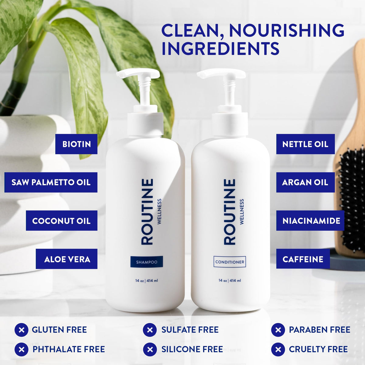 Routine Wellness bottles in hand showing size and travel-friendly benefit