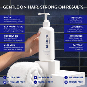 Routine Wellness conditioner being poured onto palm demonstrating spreadability and detangling benefit