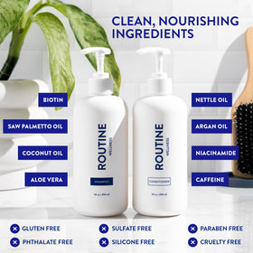 Routine Wellness shampoo creating lather in hands to show gentle cleanse