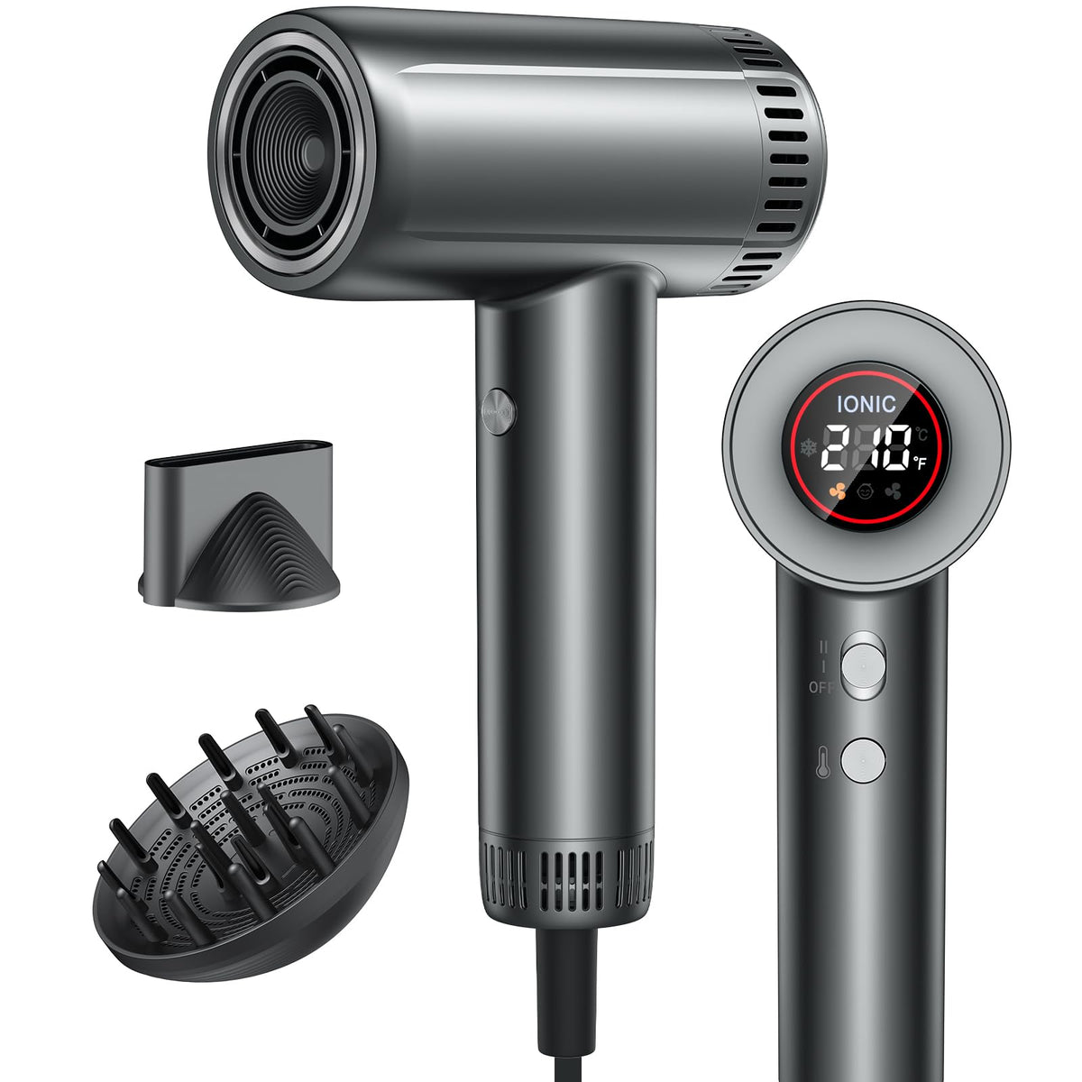 ROUUO front view showing compact dryer and ergonomic handle for comfortable styling