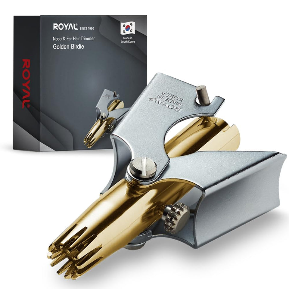 ROYAL front view of Golden Birdie trimmer showing compact gold body and tip, lasting convenience