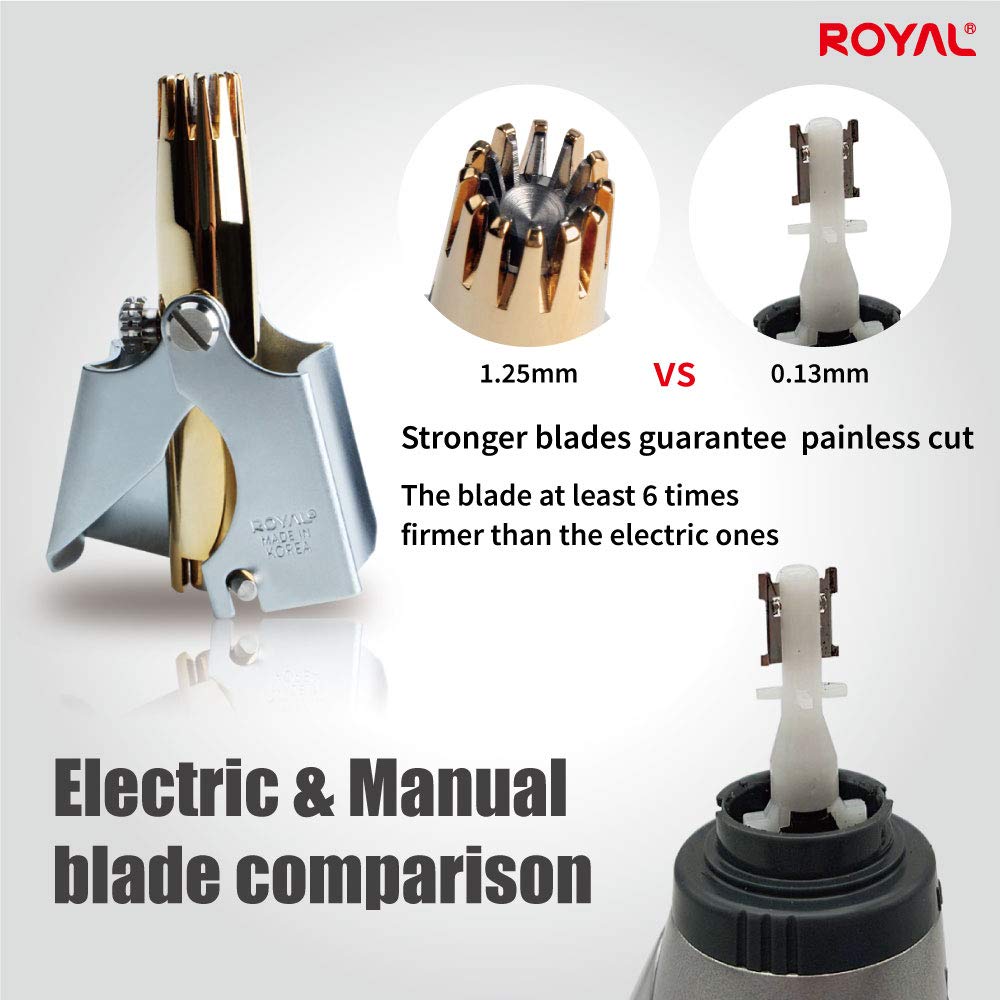 ROYAL close-up of twelve dual-edged blades and V-shaped layout for smoother trimming