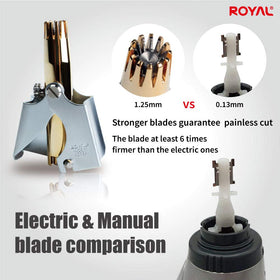 ROYAL close-up of twelve dual-edged blades and V-shaped layout for smoother trimming