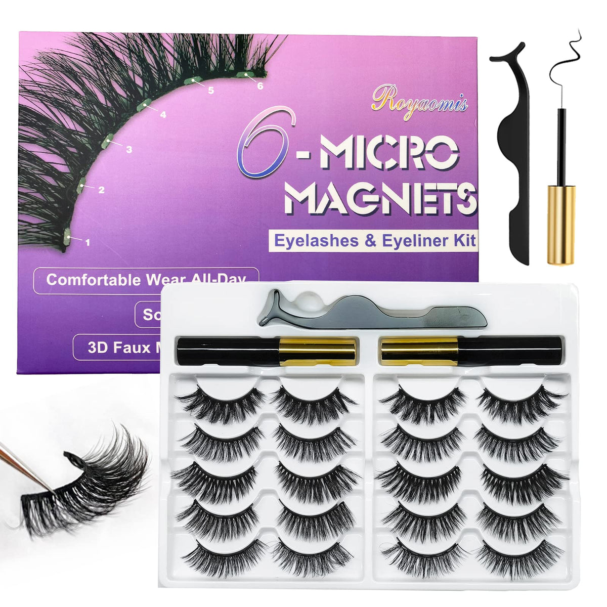 royaomis front packaging showing ten-pair kit and magnetic eyeliner benefit quick selection