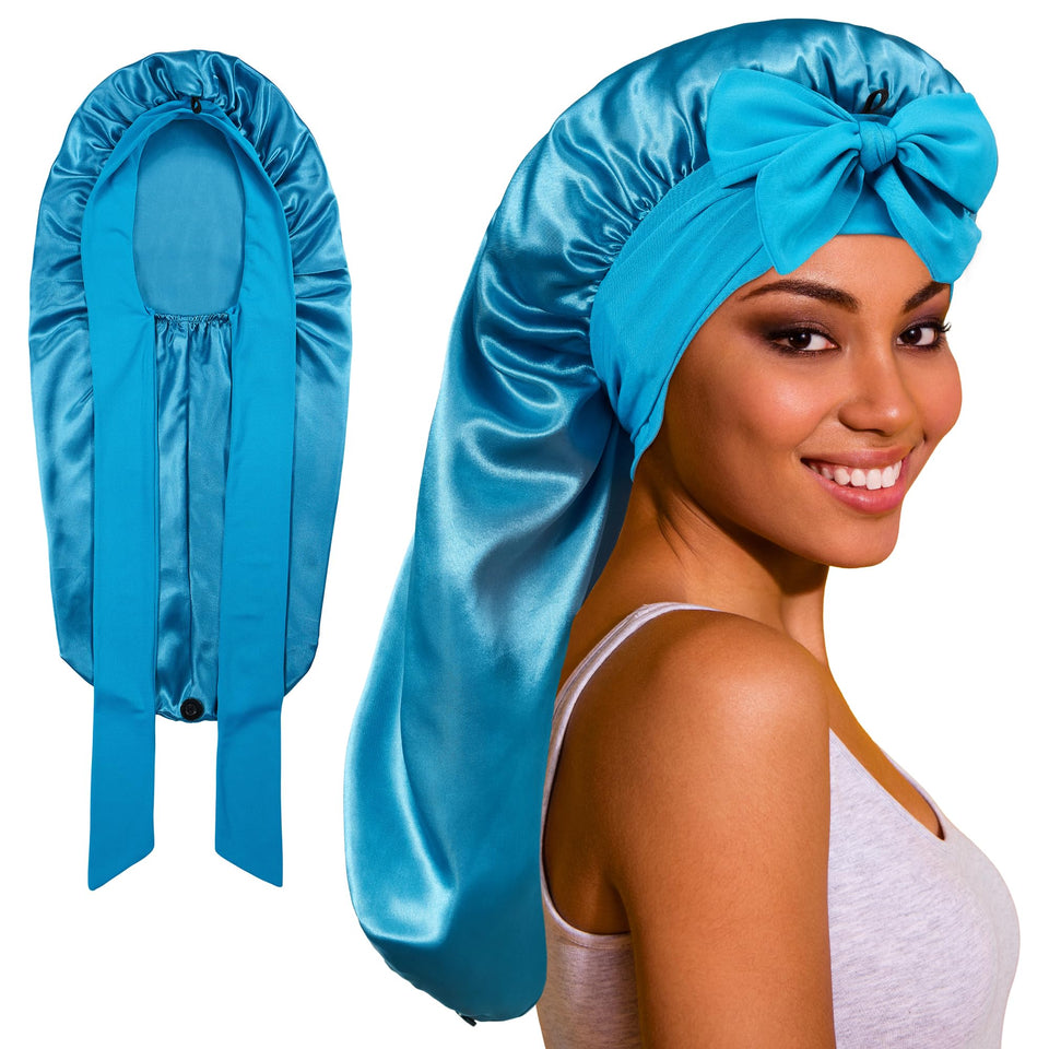 roybens front view of long satin bonnet showing full coverage and secure fit