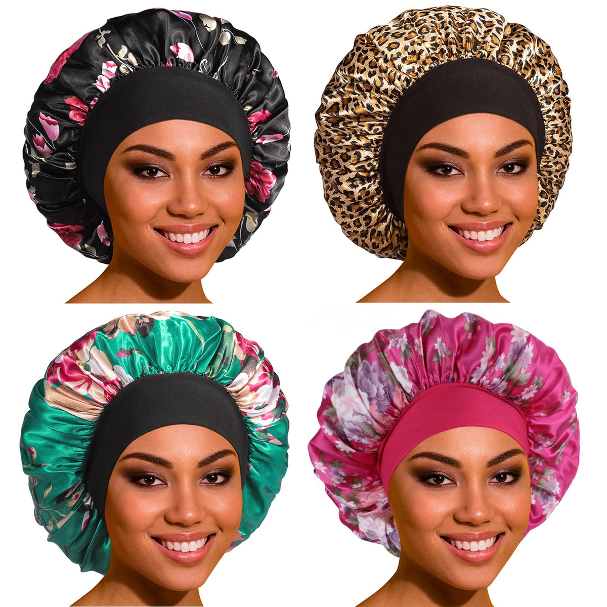 ROYBENS front view of 4-pack satin bonnets showing color variety and protection