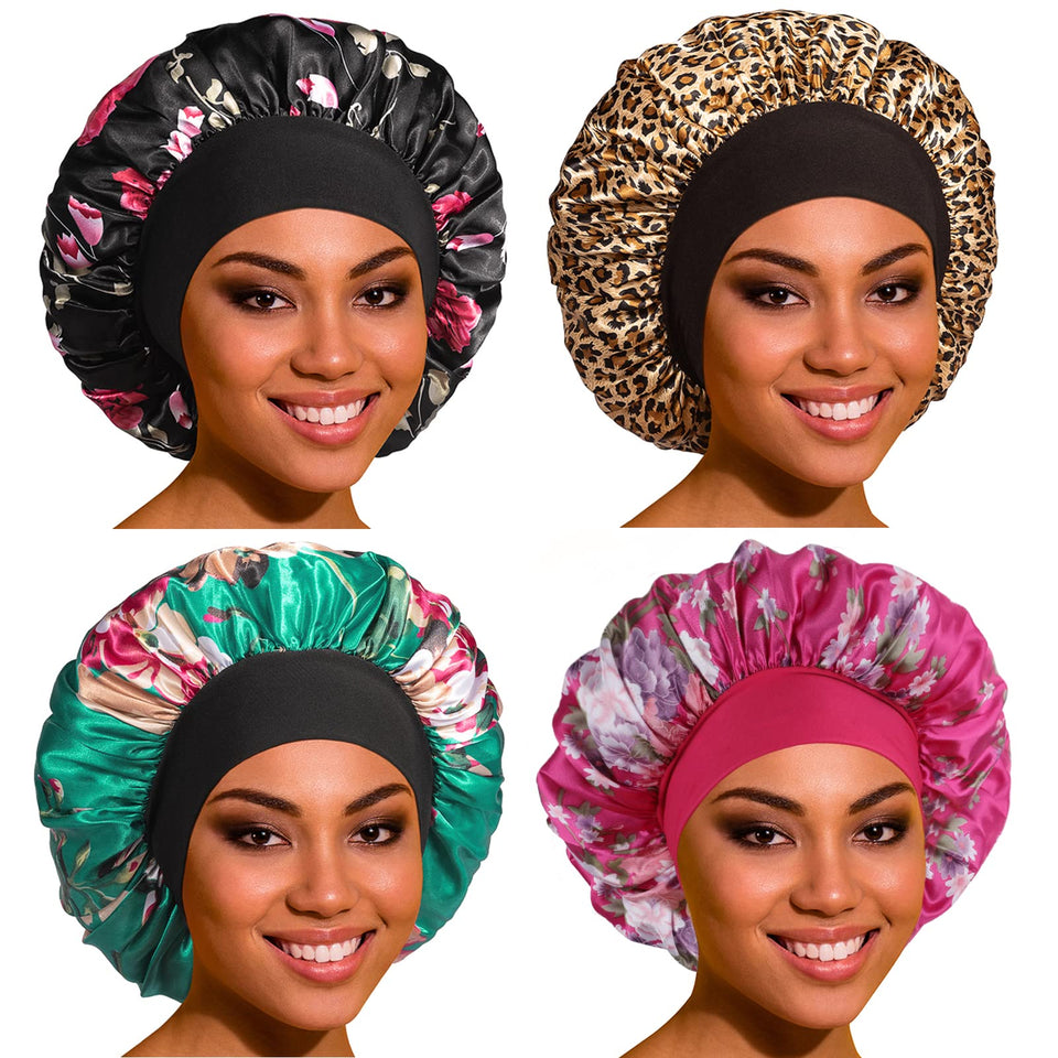 ROYBENS front view of 4-pack satin bonnets showing color variety and protection