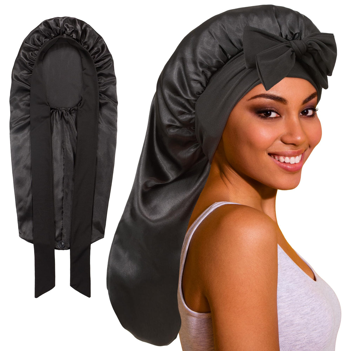 ROYBENS front view long satin bonnet showing roomy fit and protective coverage