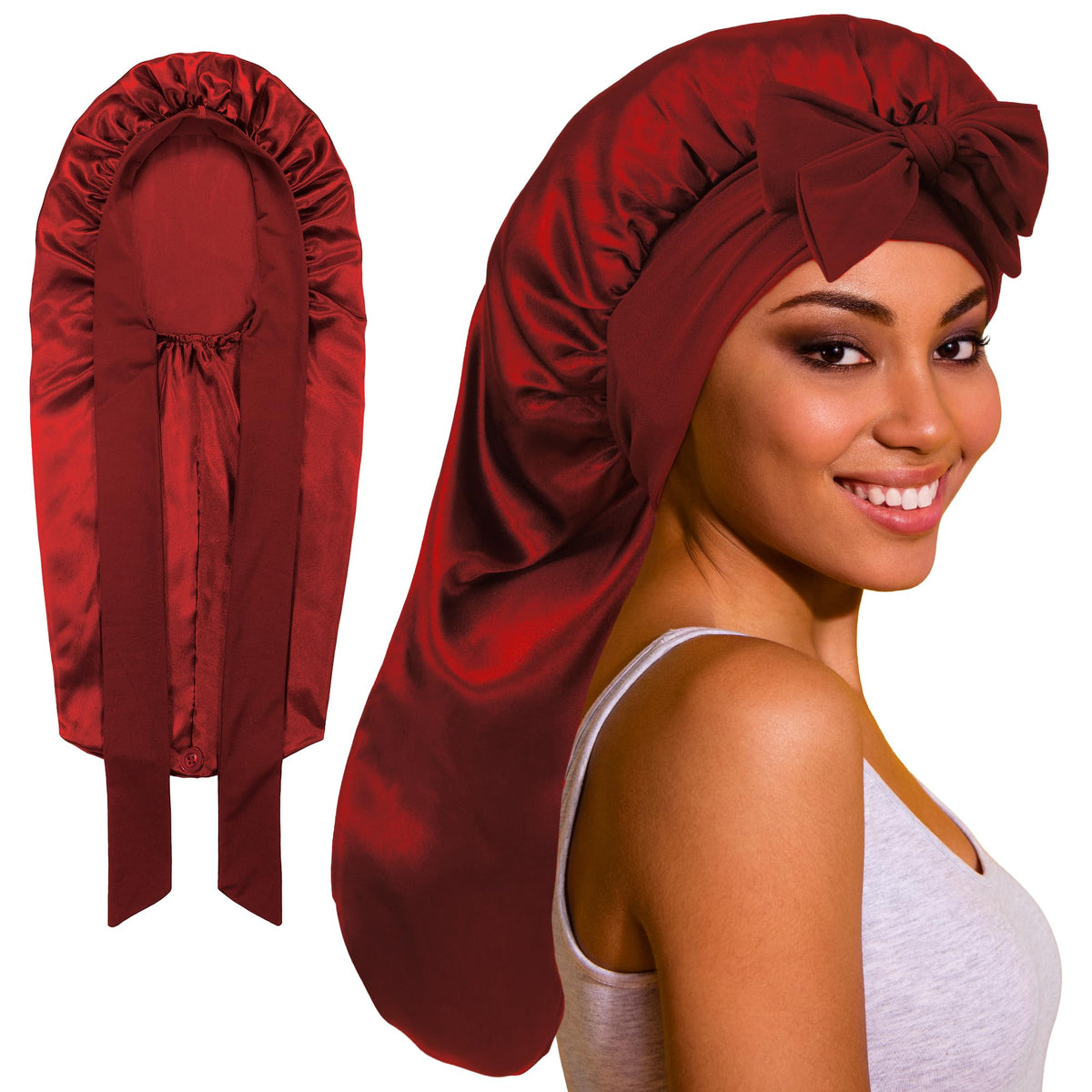 ROYBENS front view of long satin bonnet showing full coverage benefit