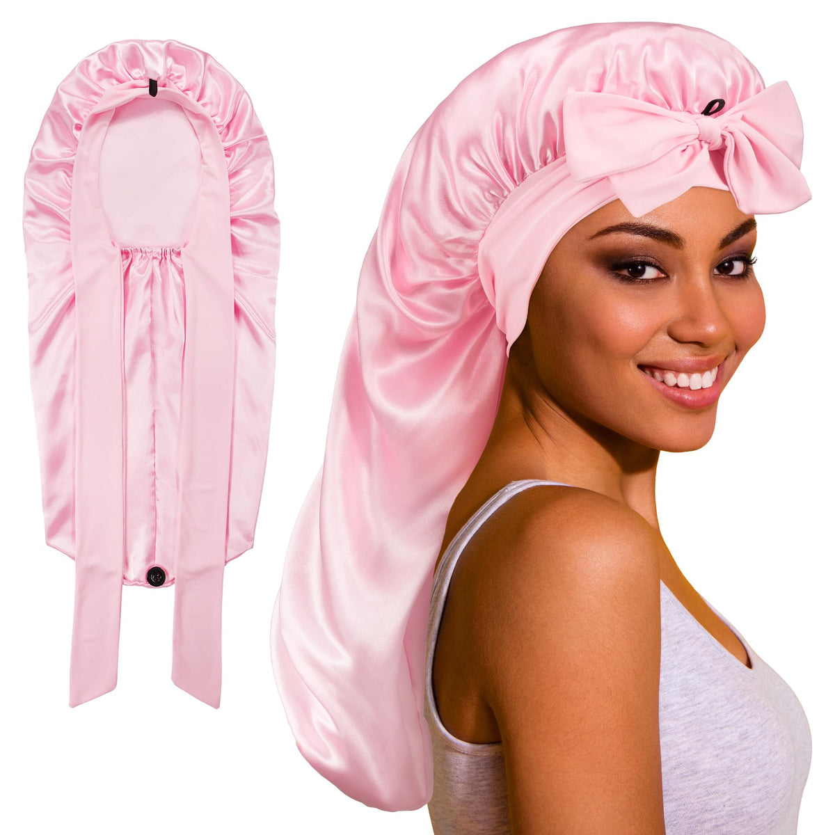 ROYBENS front view of long satin bonnet protecting long hair