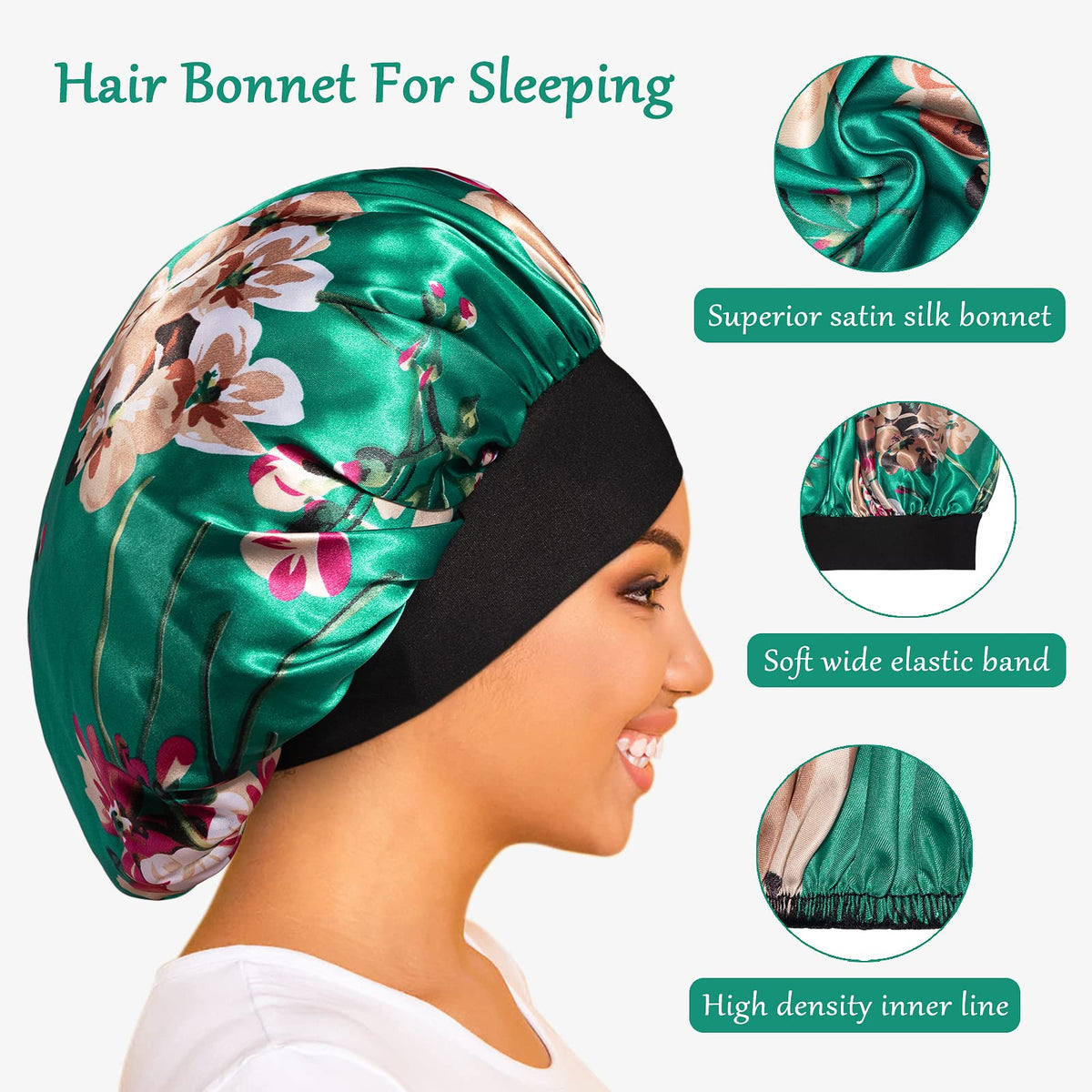 ROYBENS bonnet worn over styled curly hair demonstrating frizz-free overnight benefit