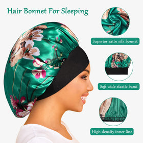 ROYBENS bonnet worn over styled curly hair demonstrating frizz-free overnight benefit