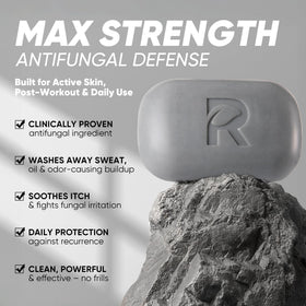 Roycederm bar close-up texture highlighting activated charcoal and gentle lather benefit
