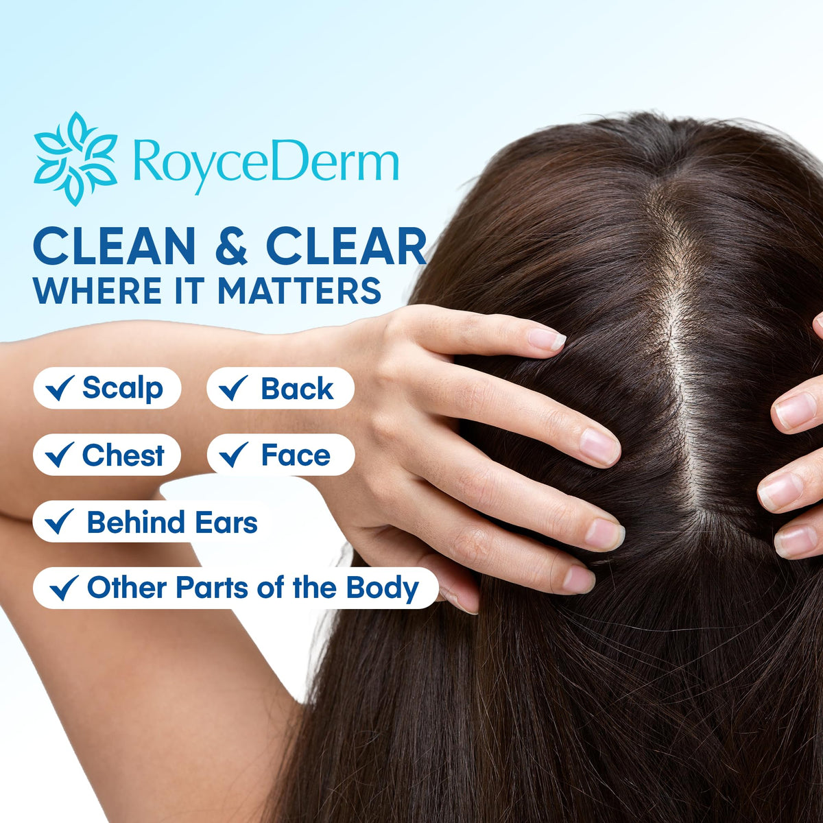 Roycederm applying serum to facial area, shows gentle calming for sensitive skin