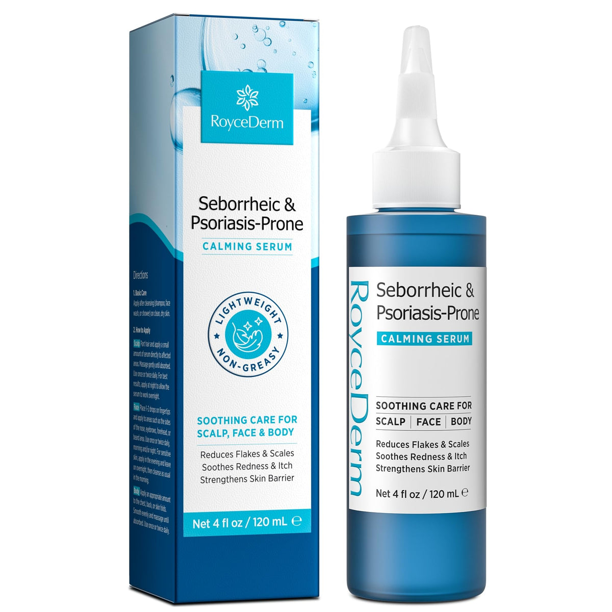 Roycederm front packaging showing bottle, communicates brand clarity and trust