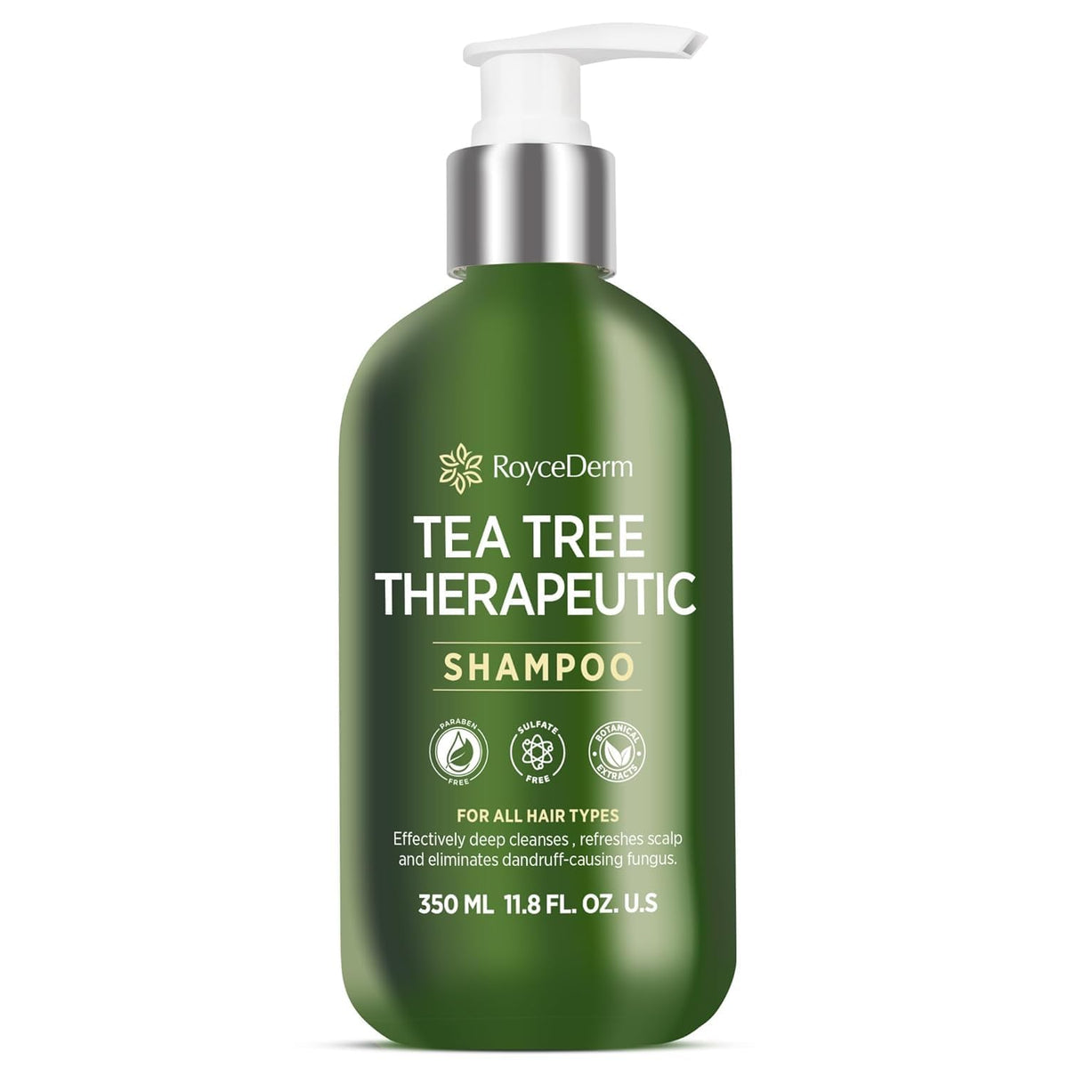 Roycederm front packaging showing medicated tea tree shampoo benefits