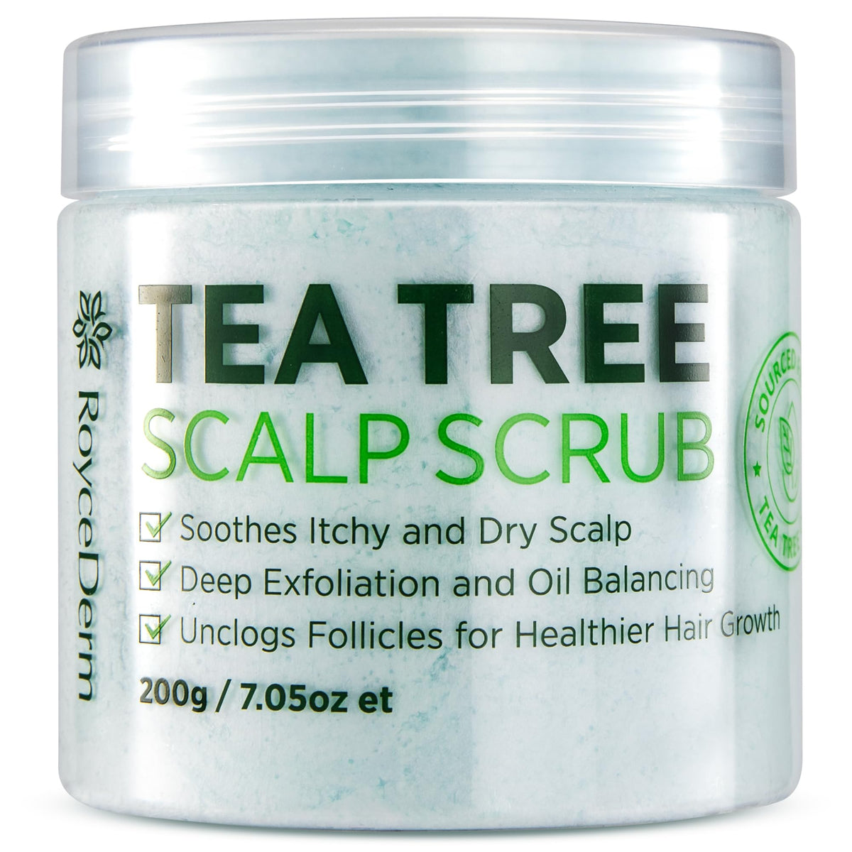 Roycederm front packaging showing product and benefit of clear scalp