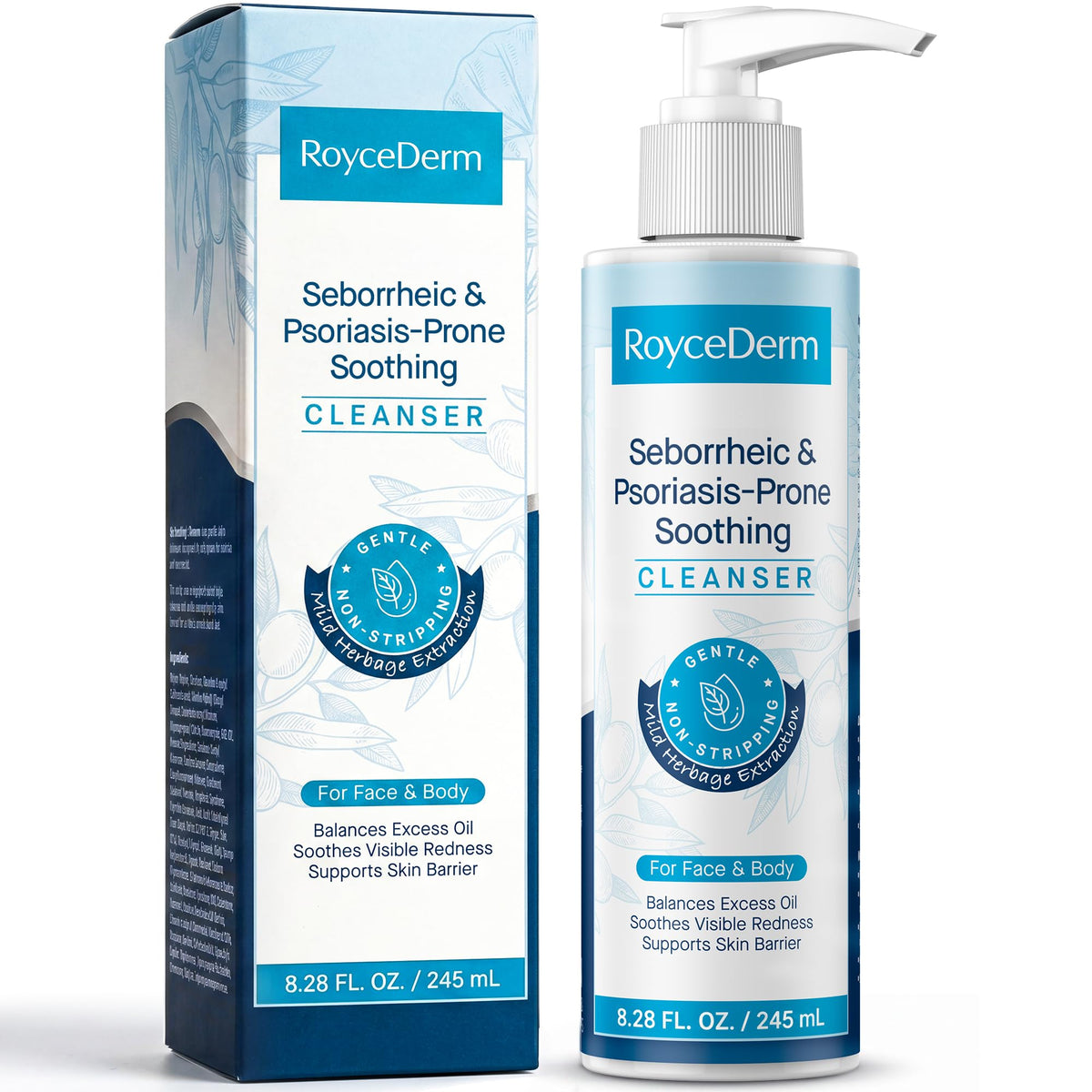 Roycederm bottle front packaging showing product name and clean design, gentle cleansing benefit