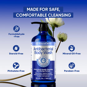 Person using Roycederm in shower cleansing sweat-prone areas benefit