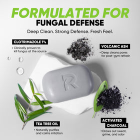 Roycederm tea tree and charcoal ingredients displayed to show natural antifungal support