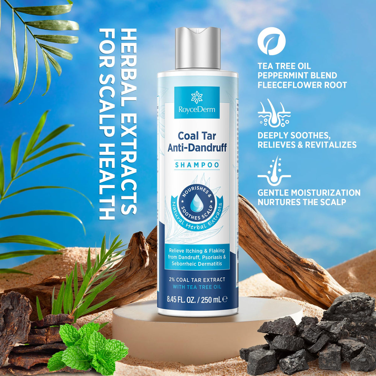 RoyceDerm label close-up highlighting coal tar and active ingredients benefit