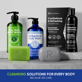 Roycederm bottle beside antifungal soap for targeted skin-care benefit