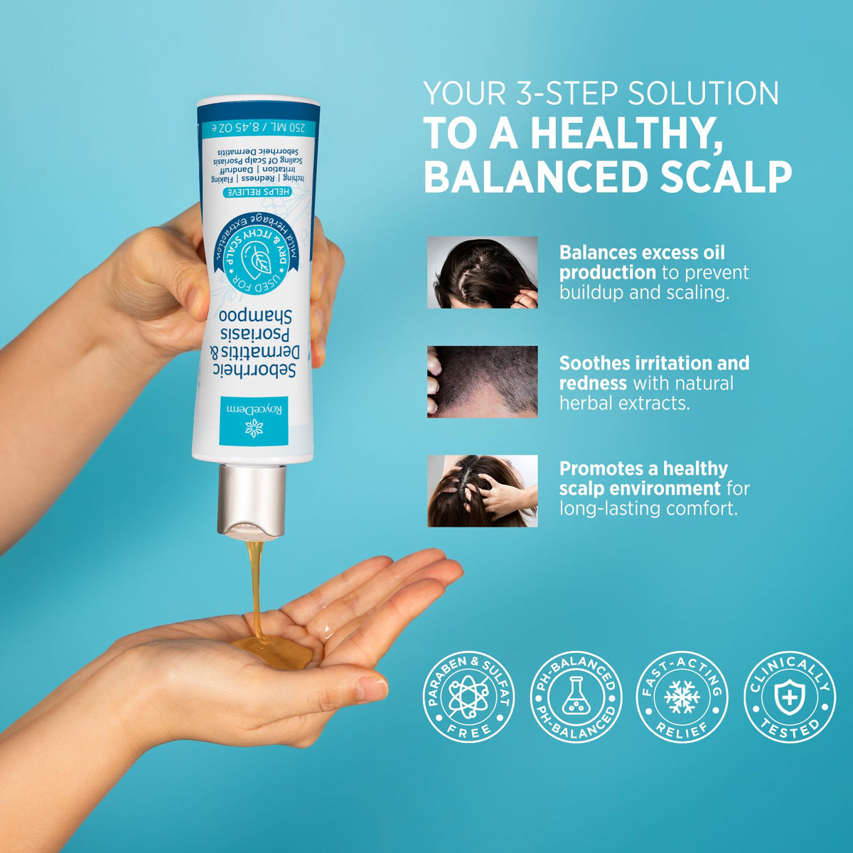Roycederm applying shampoo to scalp in shower to soothe irritation