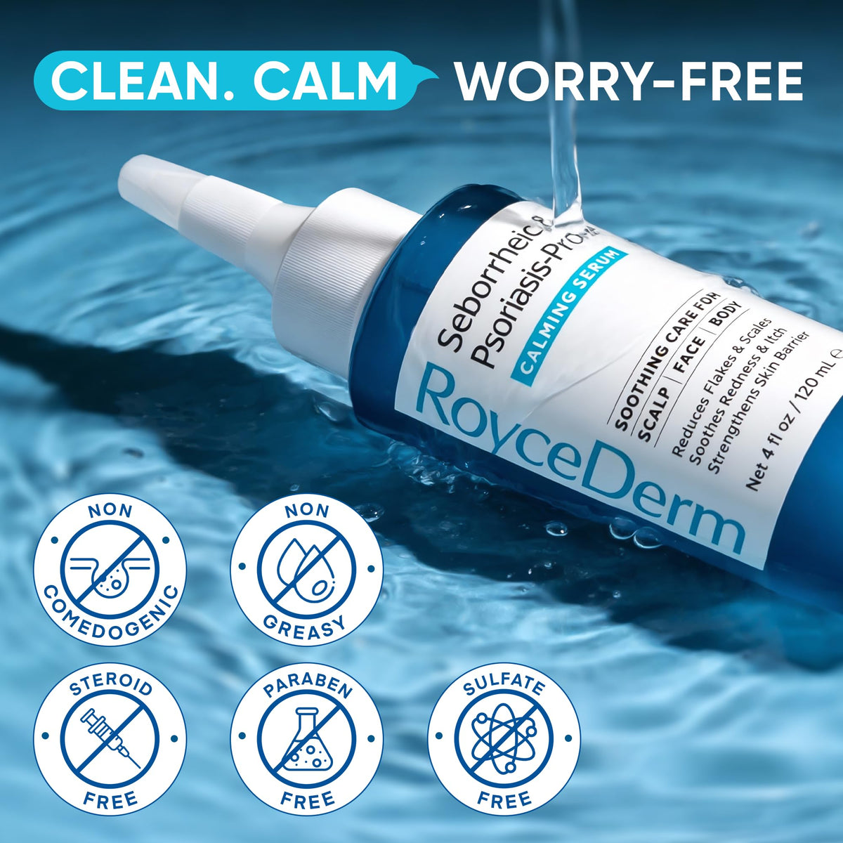 Roycederm bottle in hand for scale, helps shoppers understand size and portability