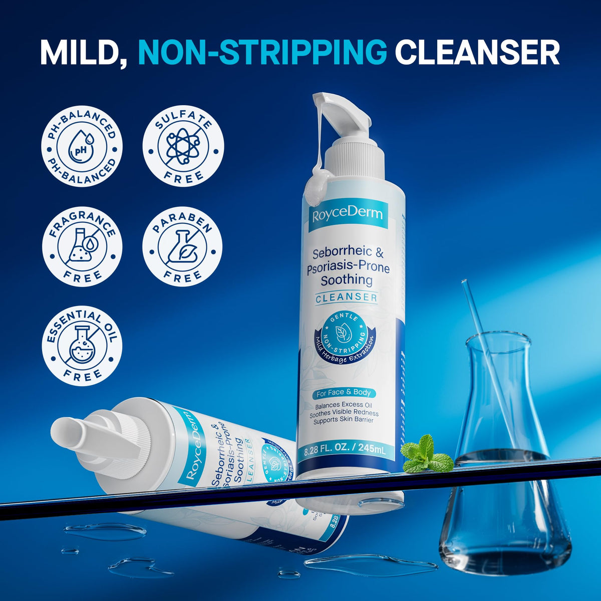 Roycederm bottle held in hand for scale showing 8.45 fl oz size and travel-friendly benefit
