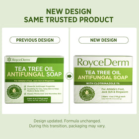 Close-up of Roycederm soap bar texture and tea tree oil sheen