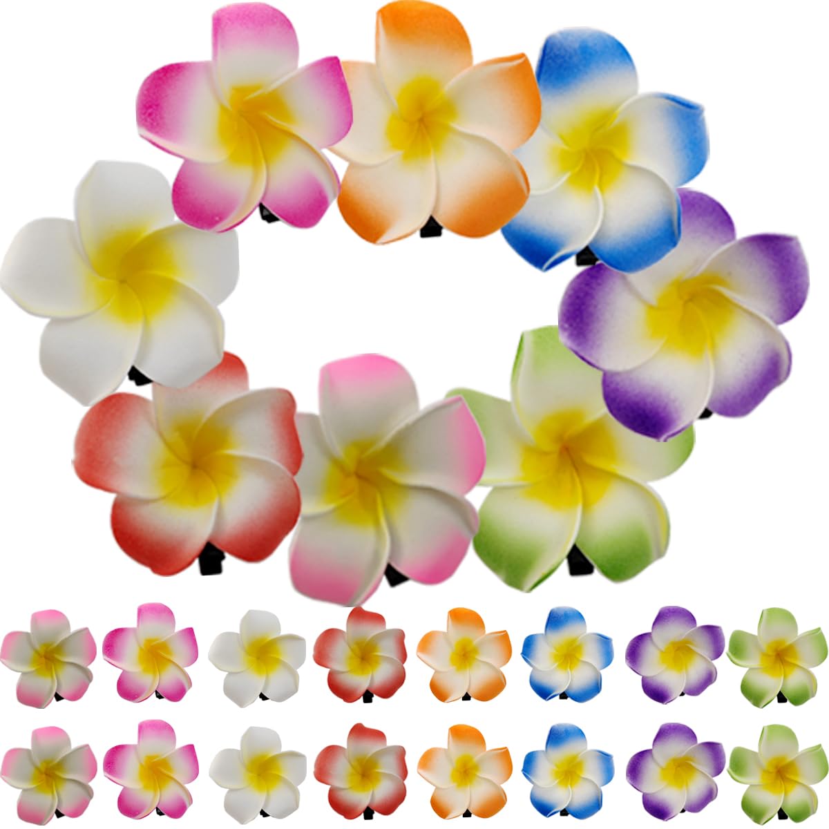 ROYHOO front view of 40-piece frangipani clips showing color variety and value