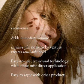 RŌZ root lift spray texture sprayed on hand showing fine mist, demonstrates non-sticky feel