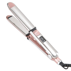 Rozamor front view showing pink flat iron and ergonomic grip for easy styling