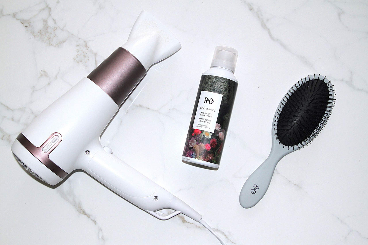 R+Co Centerpiece applied to hair before and after, showing detangle and shine improvement