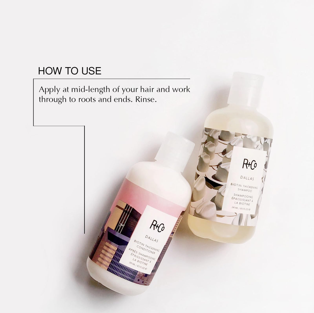 R+Co label and pump close-up highlighting ingredient and usage details