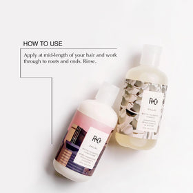 R+Co label and pump close-up highlighting ingredient and usage details