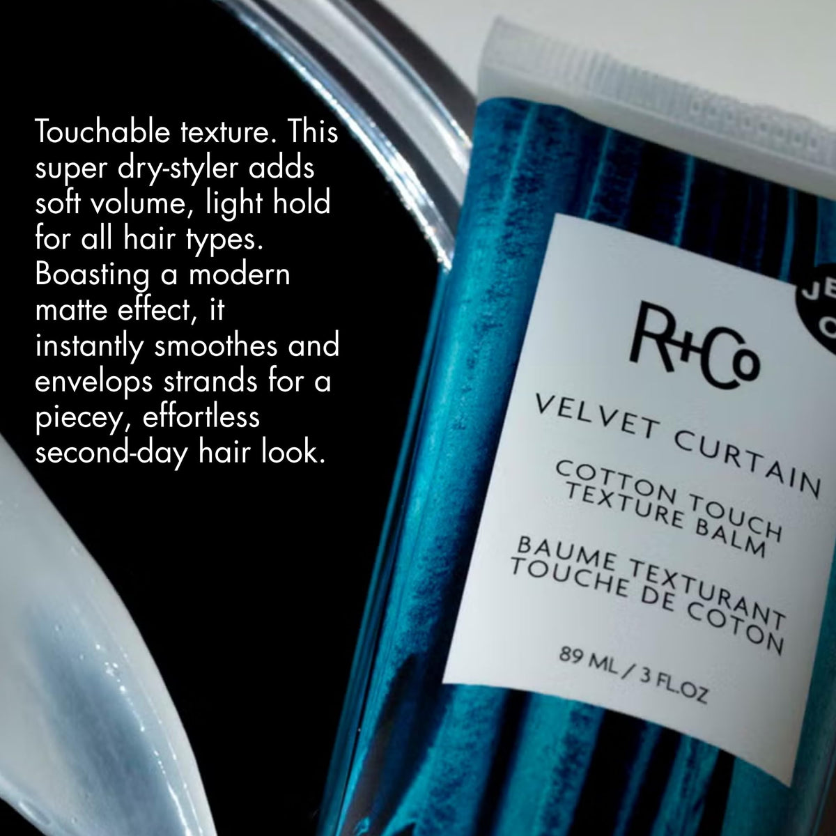 R+Co jar open displaying balm texture to show smooth, lightweight consistency