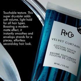 R+Co jar open displaying balm texture to show smooth, lightweight consistency