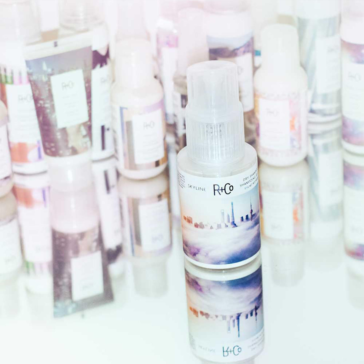 R+Co Skyline on a bathroom counter styled for a fresh, everyday routine