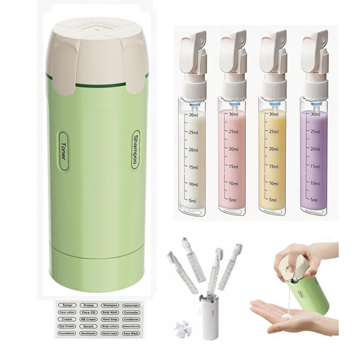 RSN front view of 4-in-1 travel dispenser showing compact design and organization