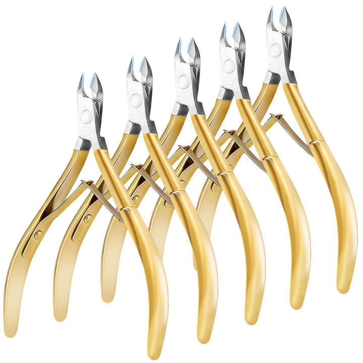 RTTTHEL front packaging showing five gold cuticle nippers, professional organization benefit