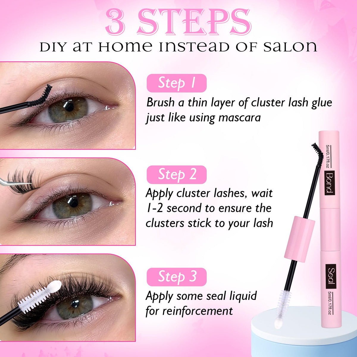 Ruairie before and after cluster lashes showing fuller look and secure hold