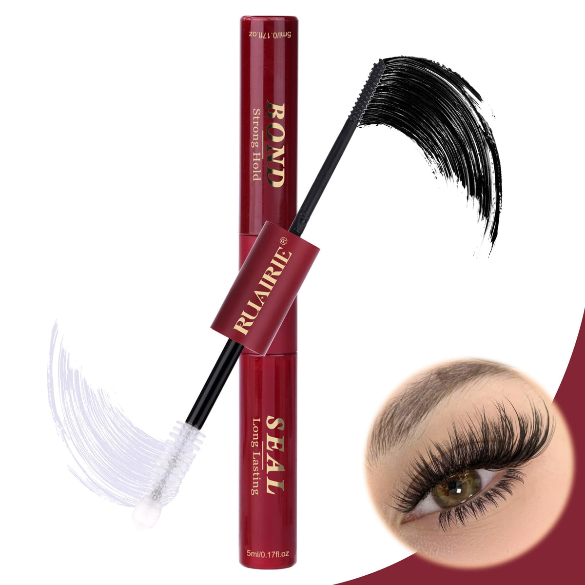 Ruairie front packaging showing the 2-in-1 lash glue and benefits