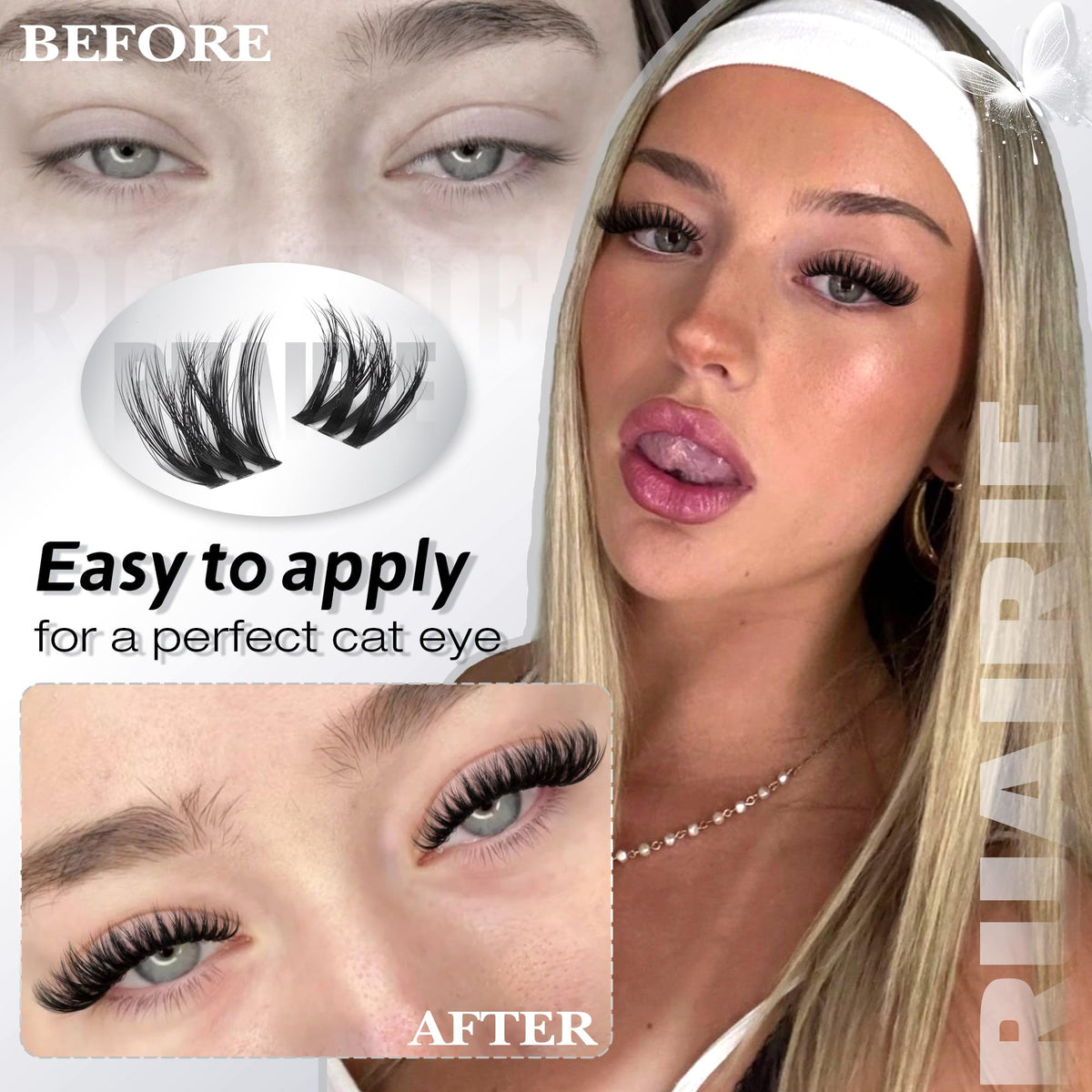 Ruairie clusters applied on eye demonstrating lift and fuller lashes